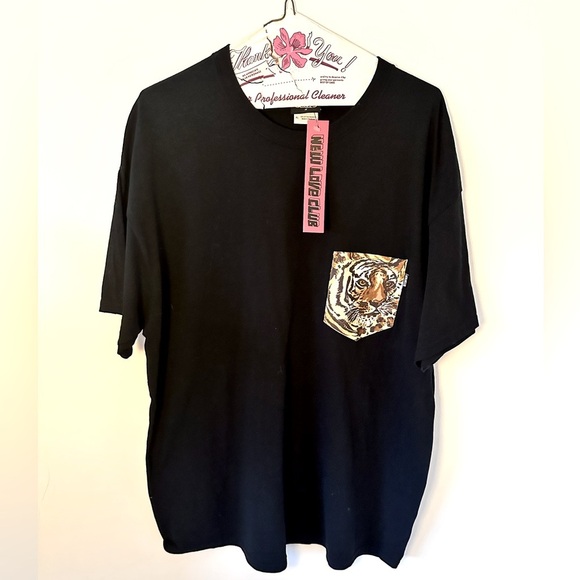 NWT New Love Club Black Tiger Pocket Oversized Tee Shirt Top L - Picture 1 of 2